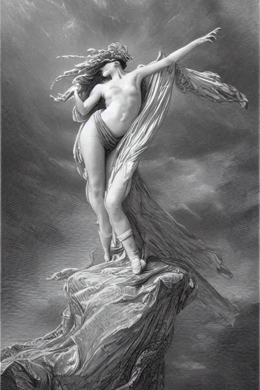 Image similar to dancer in the wind by gustave dore, retrofuturism, reimagined by industrial light and magic