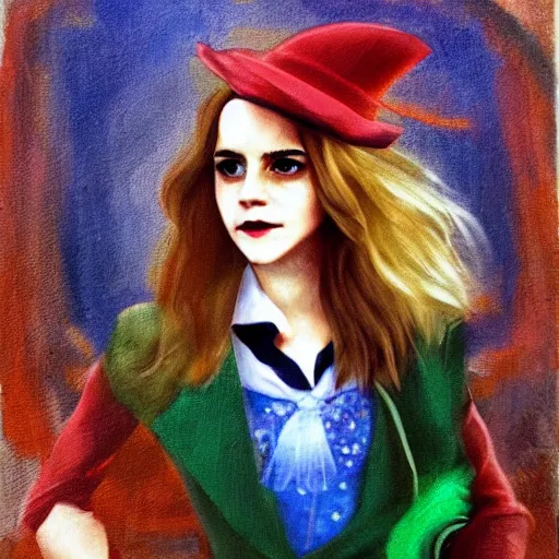 Image similar to beautiful emma watson cosplay as The Mad Hatter from Alice in wonderland, oil painting, full body.