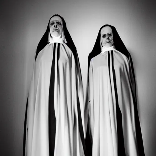 Image similar to nightmare vision, black and white, award winning photo, levitating twin nuns, wearing translucent sheet, in a sanctuary, hallways, eerie, frightening —width 1024 —height 1024