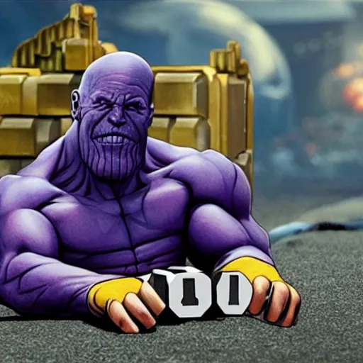 Prompt: photo of thanos playing domino rally