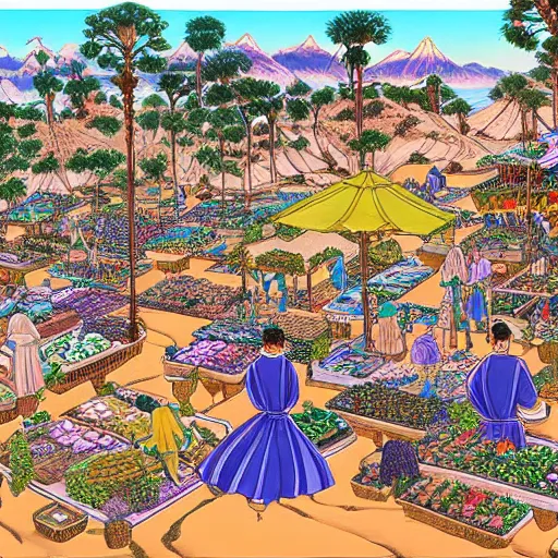 Image similar to a beautiful painting of a desert marketplace filled with alien people by hirohiko araki, detailed line art, jojos bizarre adventure