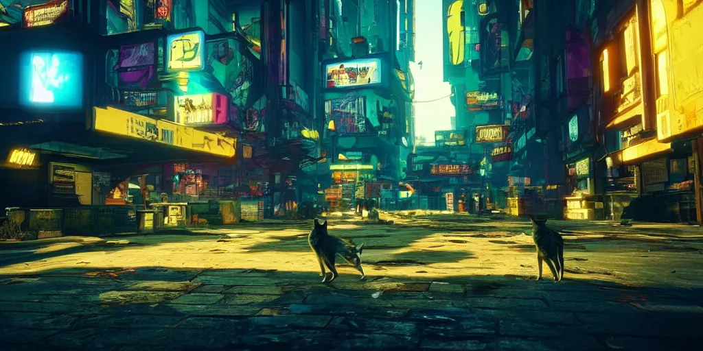 Prompt: “A beautiful photo of a cat walking in the streets of night city, cyberpunk 2077”