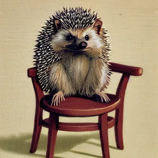 Prompt: cute cheeky grinning hedgehog sitting in a chair painted by gerard sekoto