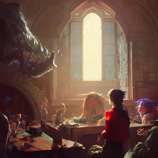 Image similar to Highly detailed portrait of a teacher freaking out at students, Stephen Bliss, unreal engine, fantasy art by Greg Rutkowski, Loish, Rhads, ferdinand knab, Makoto Shinkai and Lois van baarle, ilya kuvshinov, rossdraws, Tom Bagshaw, alphonse mucha, global illumination, radiant light, detailed and intricate environment