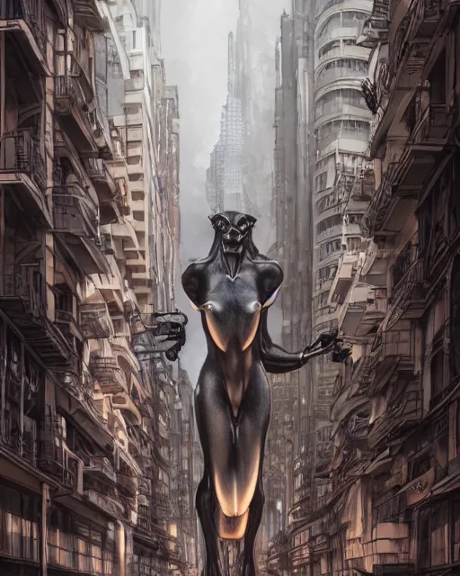 Image similar to wild beast in city streets, dramatic lighting, very detailed, electrical details, high details, 4k, 8k, trending on artstation, by Hajime Sorayama and Paolo Eleuteri Serpieri