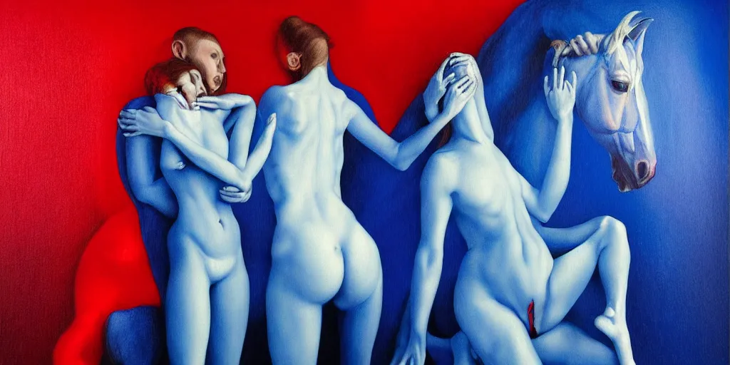 Image similar to only with blue, ney motogrosso in love with a red stallion, too many hands in all directions, in hoc signo vinces, waterfall, in the style of leonora carrington, gottfried helnwein, intricate composition, blue light by caravaggio, insanely quality, highly detailed, masterpiece, red light, artstation