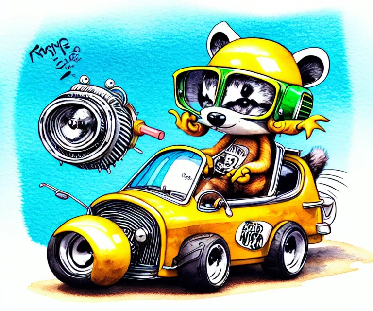 Image similar to cute and funny, racoon wearing a helmet riding in a tiny hot rod with oversized engine, ratfink style by ed roth, centered award winning watercolor pen illustration, isometric illustration by raymond edmonds, edited by range murata, tiny details by artgerm, symmetrically isometrically centered