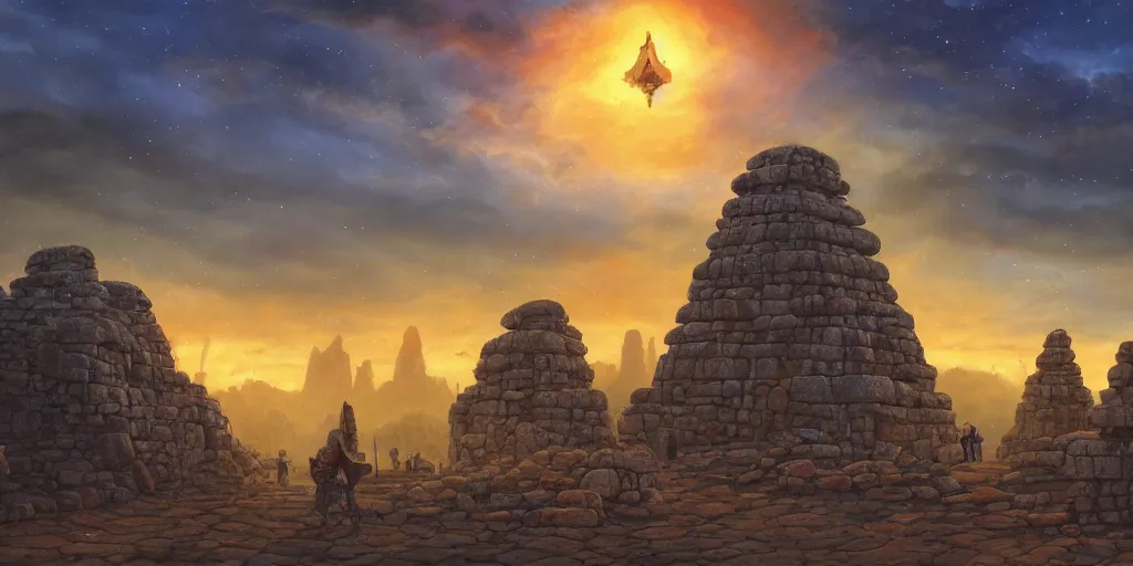 Image similar to fantasy oil painting, megalithic city of vijayanagara, fantasy, colossal, gate, looming, small buildings, warm lighting, street view, silhouetted figure standing overlooking, space port city, epic, distant mountains, bright clouds, luminous sky, cinematic lighting, michael cheval, michael whelan, artstation, oil painting, vray, 8 k hd