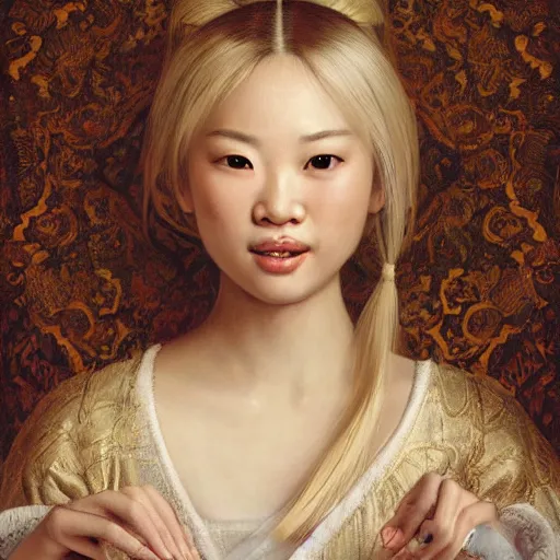 Prompt: a totally amazed smiling pretty asian girl with blonde hair, fully covering intricate detailed outfit, long loose blonde hair, precise linework, accurate brown eyes, small nose, beautiful smooth oval head, expressive emotions, hyper realistic ultrafine portrait by artemisia gentileschi, jessica rossier, greg rutkowski, artgerm