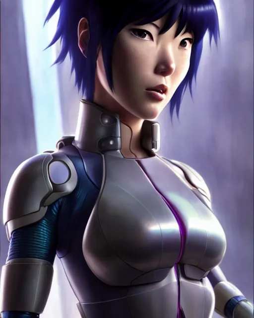 Image similar to weta disney pixar movie still portrait photo of motoko kusanagi the major ghost in the shell : : as cyborg woman by pixar : : by weta, wlop, ilya kuvshinov, rossdraws, artgerm, marvel, maxim cover, latex, octane render, sweaty, iridescent, bright morning, anime, liosh, mucha : :