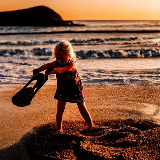 Image similar to little blond girl, making a sandcastle!!! on an Australian Beach, (((red)))!!! sand, shovel, waves, golden hour, Canon EOS R3, f/1.4, ISO 200, 1/160s, 8K, RAW, unedited, symmetrical balance, in-frame