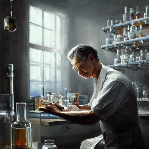 Image similar to epic masterpiece of cinematographic hyperrealism where a scientist appears in a laboratory. realistic shaded lighting poster by craig mallismo, artgerm, jeremy lipkin and michael garmash, unreal engine, radiant light, detailed and intricate environment, digital art, art station trends