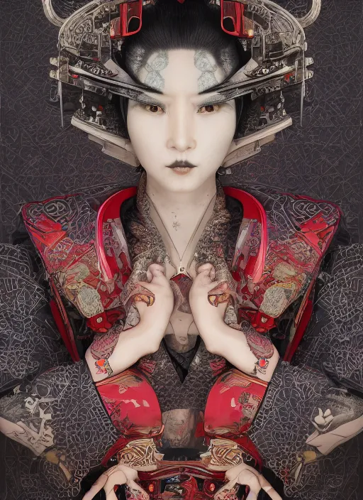 Image similar to portrait of a seductive cyberpunk geisha yakuza, imari, modern fine art, fractal, in the style of ex - machina, intricate ornaments, elegant, highly detailed, digital photography, subsurface scattering, by mc escher and greg rutkowski,