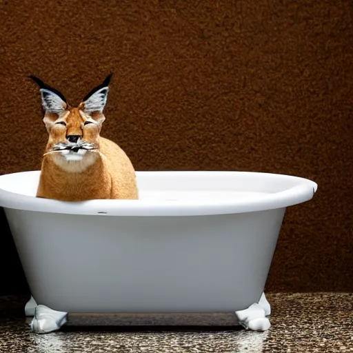 Prompt: caracal, big floppa, sitting in a bathtub, bathroom, Instagram photo, 4K