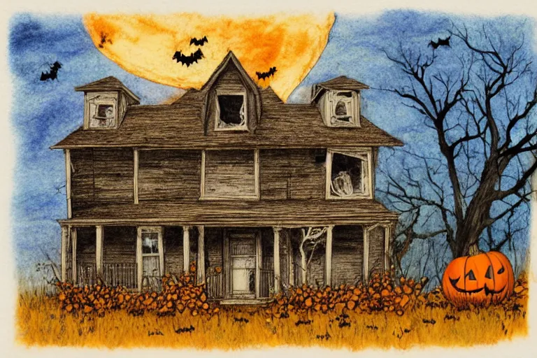 Image similar to old abandoned house on halloween night, pumpkins lit on the porch, colored pencil ink wash by scott wills and ashley wood