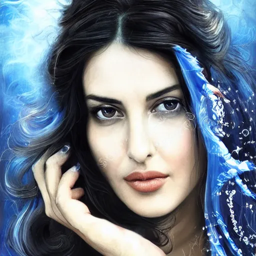 Image similar to Beautiful face Portrait of smiling young hindu Monica Bellucci, really big blue ocean color huge eyes, blue indygo thunder lightning, long wavy black hair, white veil, magic blue fire, focus face, dramatic lighting, intricate, India, wild, highly detailed, digital painting, artstation, concept art, smooth, sharp focus, illustration, art by artgerm and greg rutkowski and alphonse mucha, footage from space camera