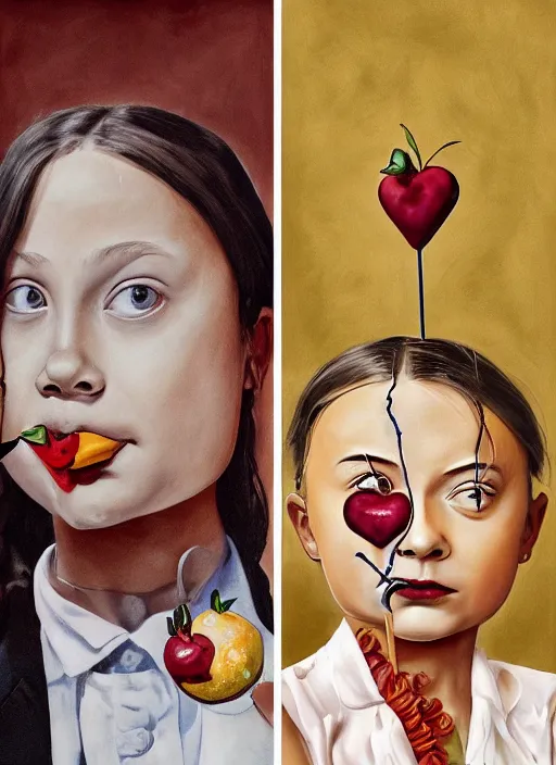 Prompt: greta thunberg eating cakes painted by salvador dali, detailed digital art, trending on Artstation