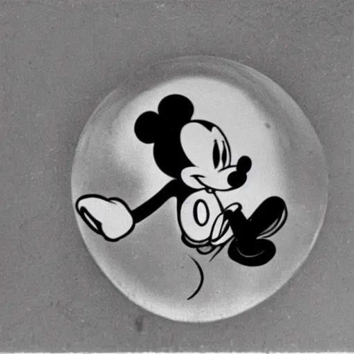 Image similar to mickey mouse riding on a nuclear bomb, black and white, cartoon, Walt Disney, 1920s