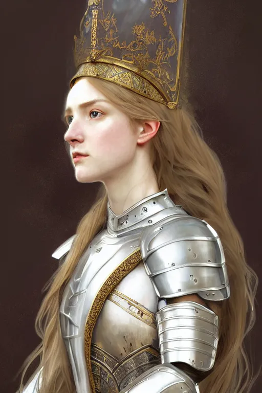 Image similar to beautiful and victorian and holy and divine and elite young medieval female white armor knight portrait +shinny eyes+front face with light flowing hair, ultradetail face, art and illustration by tian zi and craig mullins and WLOP and alphonse mucha, fantasy, intricate complexity, human structure, human anatomy, fantasy character concept, watermark, blurry, hyperrealism 8k