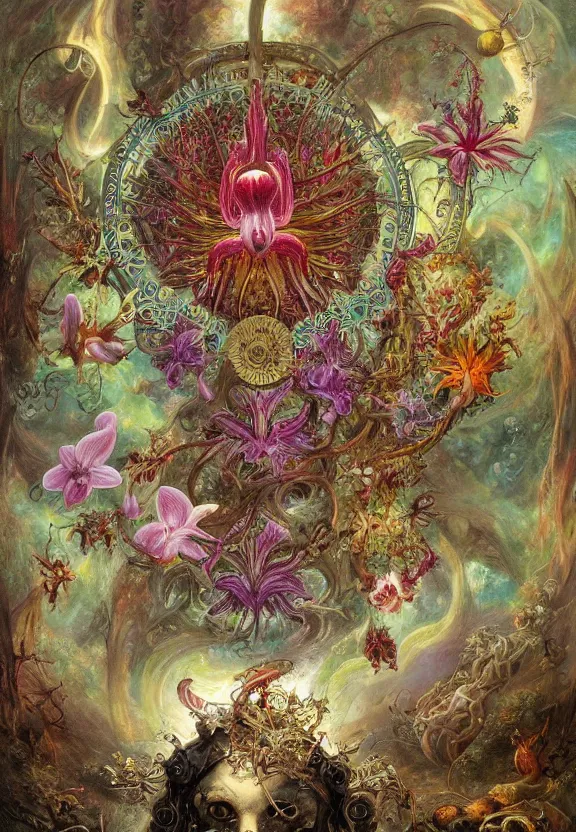 Image similar to simplicity, elegant, colorful muscular eldritch orchids, lilies, flowers radiating from fractal, mandalas, by h. r. giger and esao andrews and maria sibylla merian eugene delacroix, gustave dore, thomas moran, pop art, cyberpunk, art nouveau