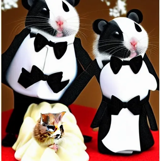 Prompt: a hamster wearing a tuxedo and a hamster wearing a wedding dress getting married