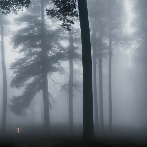 Prompt: man made of fog in dark woods at night