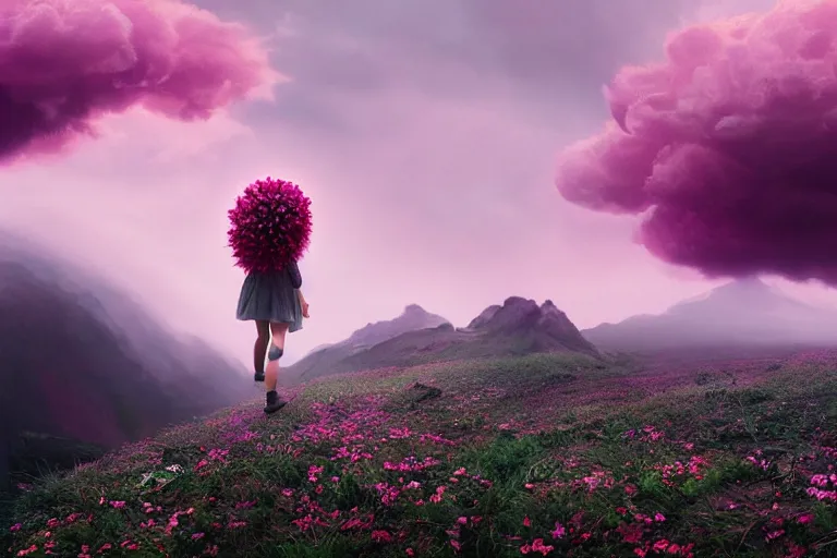 Image similar to giant dahlia flowers on head, girl walking on mountain, surreal photography, pink storm clouds, dramatic light, impressionist painting, digital painting, artstation, simon stalenhag