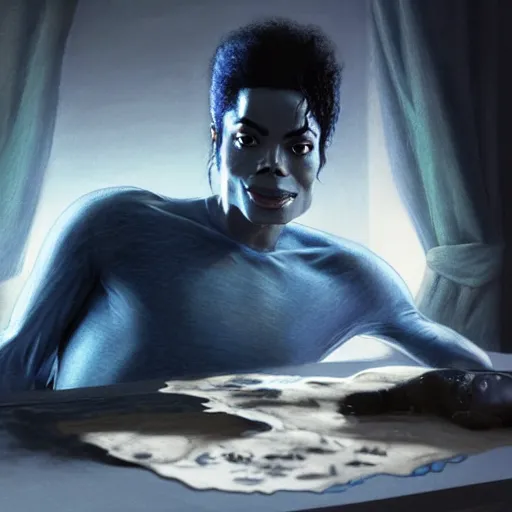Image similar to michael jackson lying on a table, in the background are gray aliens and a smurf, anatomy, bathed in light, highly detailed, photorealistic, artstation, smooth, sharp focus, illustration, unreal engine 5, 8 k, art by artgerm and greg rutkowski and edgar maxence