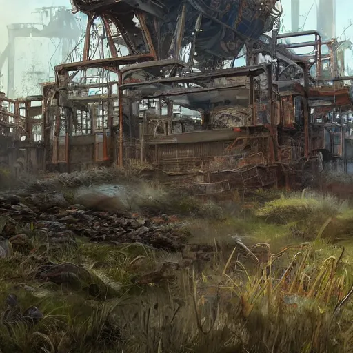 Prompt: post apocalyptic overgrown oil rig by victor moura james hayes jim kjexrud, trending on artstation, digital artwork, highly detailed, contest winner, environmental artwork, concept art