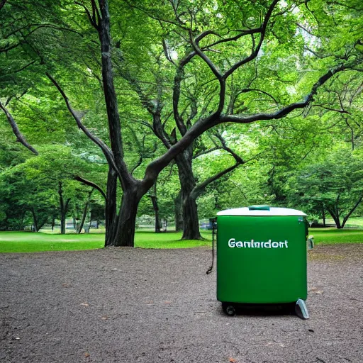 Prompt: green refrigerator on a leash in central park