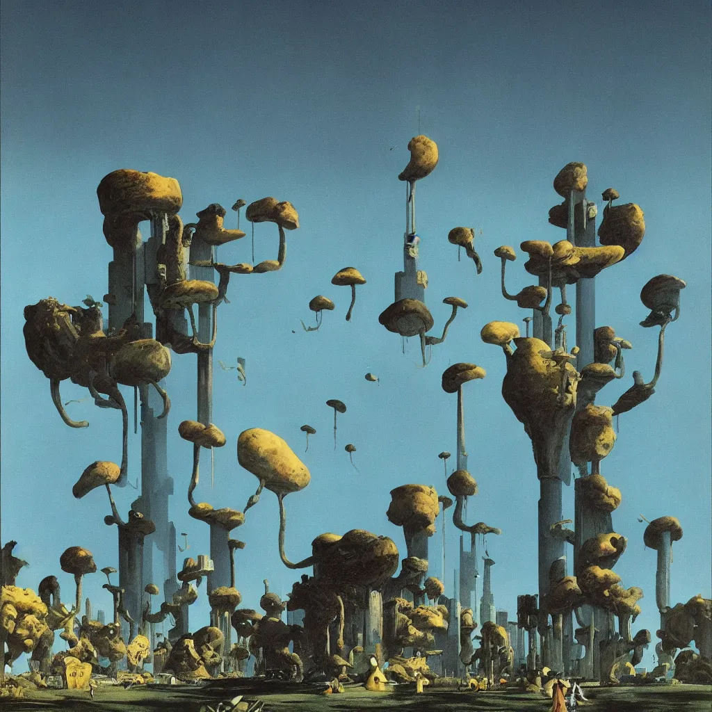 Prompt: a single! colorful!! fungus tower clear empty sky, a high contrast!! ultradetailed photorealistic painting by dean ellis, roger dean and giorgio de chirico, hard lighting, masterpiece