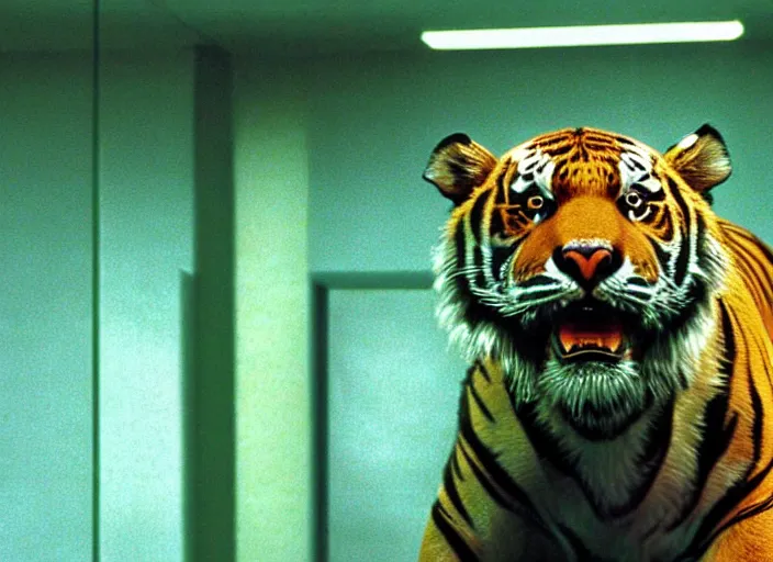 Prompt: hyper realistic, production still of hobbes the tiger playing neo in matrix ( 1 9 9 9 ), 4 k, highly detailed, anamorphic