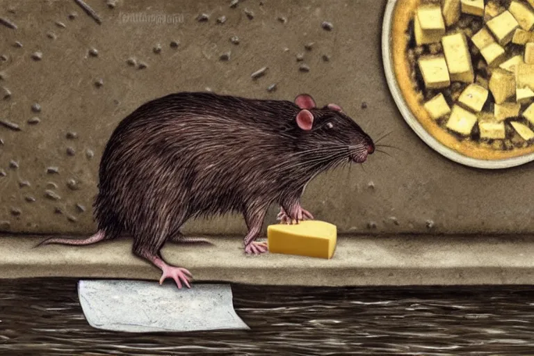 Image similar to a giant creepy rat eating cheese in a sewer, photo - realistic, hyper realism,