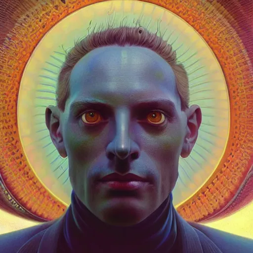 Prompt: realistic extremely detailed portrait painting of an average man , retro futuristic , by beeple,Jean Delville, Amano, Yves Tanguy, Alphonse Mucha, Ernst Haeckel, Edward Robert Hughes, Roger Dean, rich moody colours, blue eyes,octane render