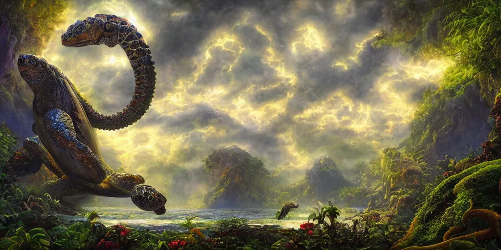 Image similar to fantasy oil painting, great leviathan, turtle cephalopod terrapin reptilian pachyderm amphibian hybrid, rainforest mountains, lush plants flowers, epic natural light, bright clouds, luminous sky, outer worlds, cinematic lighting, michael cheval, michael whelan, vray, 8 k hd