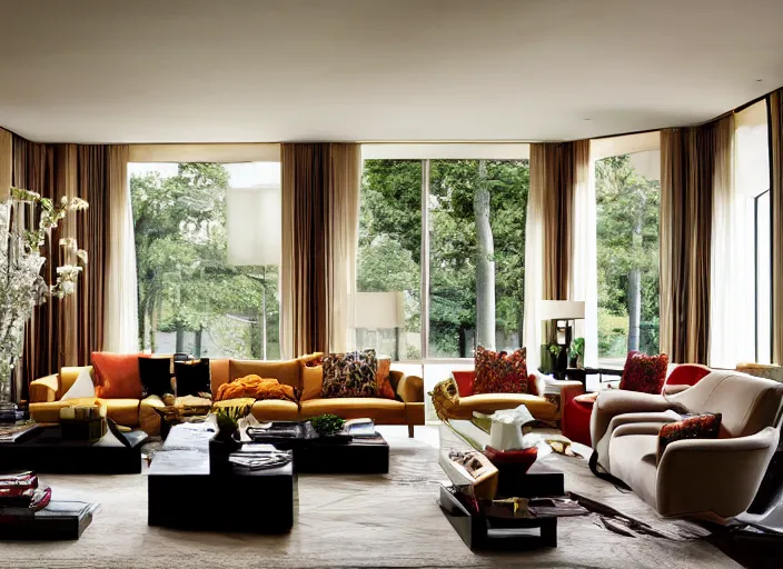 Image similar to a high end luxury living room designed by john chamberlain, interior design magazine photography