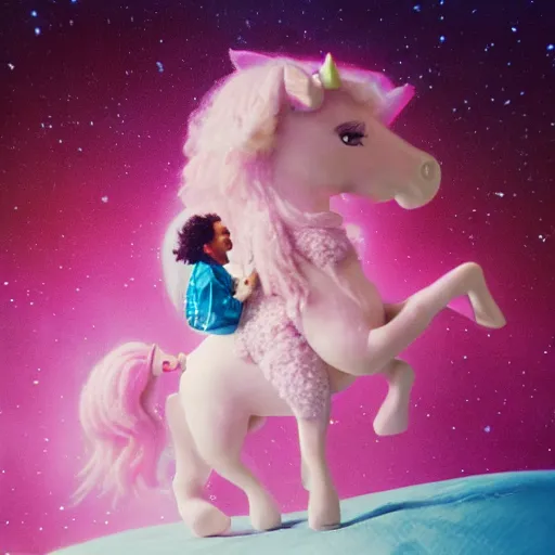 Image similar to lil pump riding a pink unicorn in space, cinestill 8 0 0 t, award winning photograph