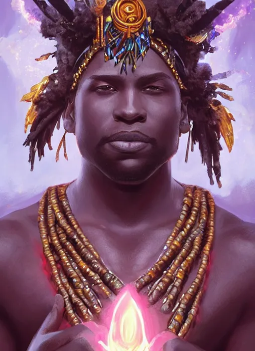 Image similar to handsome black man casting magical spells with powerful crystals, afrikan tribal voodoo headdress and kemetic imagery, digital painting artstation, concept art, matte, sharp focus, illustration, dramatic exploding nebulae, hearthstone, art by artgerm and greg rutkowski and alphonse mucha