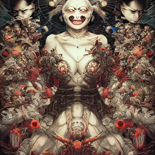 Image similar to 🚷🔞☦✝👺🤡, rotary symmetrical, dynamic lighting, darker intense, detailed, by bambang nurdianshyah, garis edelweiss, roby dwi antono and dan mumford, ayami kojima, takato yamamoto, barclay shaw, karol bak, yukito kishiro, norman rockwell