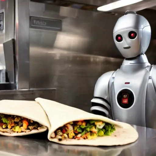 An arm robot cooking on a table preparing tacos in a food truck on Craiyon