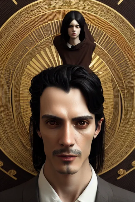 Image similar to ultra realistic, thin man in nice modern clothes, black hair, brown eyes, occult jewelry, fantasy, intricate details, eerie, highly detailed, octane render, 8 k, art by artgerm and alphonse mucha and greg rutkowski