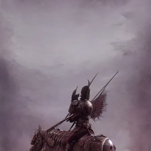 Image similar to winged hussar in ancient armor, beksinski, ruan jia, dark soul concept art, wide shot, wide angle, trending on artstation