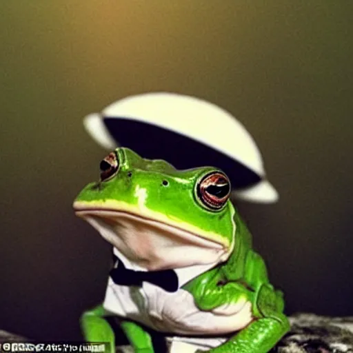 Image similar to An old photo of a sophisticated frog in a nice suit, he is totally lost and looking around