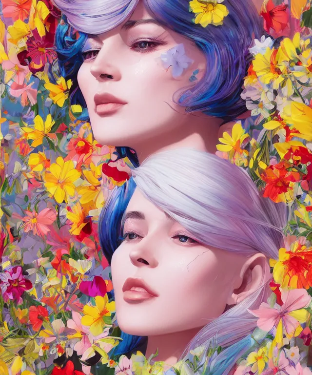 Image similar to half - electricity woman, white and multicolored hair, surrounded by flowers, cosmic background, with cute - fine - face, pretty face, realistic shaded perfect face, fine details by realistic shaded lighting poster by ilya kuvshinov katsuhiro otomo, magali villeneuve, artgerm, jeremy lipkin and michael garmash and rob rey