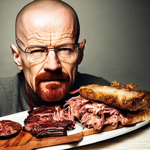 Prompt: walter white eating bbq, photography,