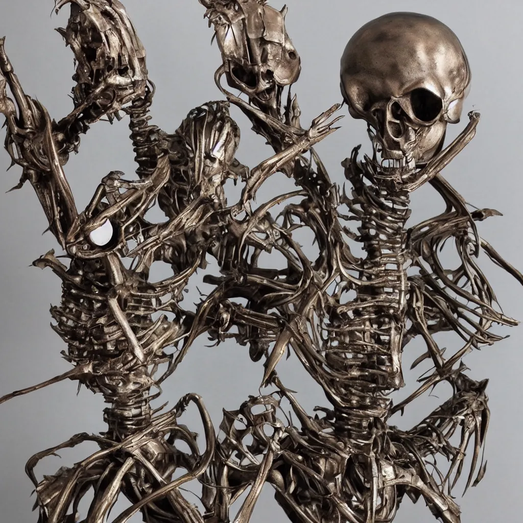 Image similar to a realistic metal sculpture of an alien skelleton, super detailed