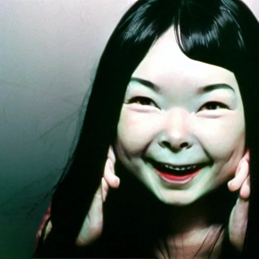 Prompt: Bjork climbs out of your TV screen towards you like Sadako, J-Horror, 90s, 35mm film