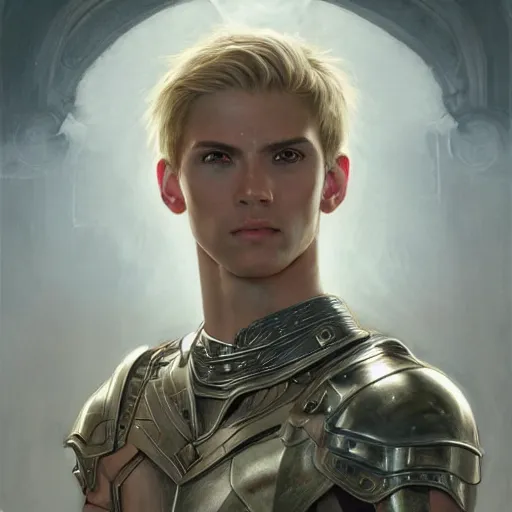 Image similar to portrait painting of a young melancholic man with a soft face and short light blonde hair wearing armor, ultra realistic, concept art, intricate details, eerie, highly detailed, photorealistic, octane render, 8 k, unreal engine. art by artgerm and greg rutkowski and charlie bowater and magali villeneuve and alphonse mucha