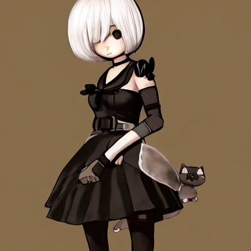 Prompt: full body portrait of 2B nier automata wearing a cat maid suit by Thomas romain, trending on artstation, artstationHD, artstationHQ