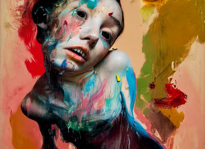 Image similar to portrait of nervous young girl ballerina sitting on the floor focusing in a dance hall by hernan bas and francis bacon and alberto seveso and pat steir and hilma af klint, psychological, symmetrical face, dripping paint, washy brush, matte painting, rendered in octane, altermodern, masterpiece